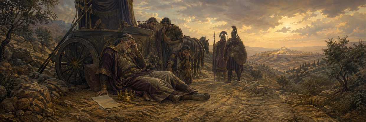 Antiochus lies stricken beside a halted chariot and an unsigned letter while distant Jerusalem remains safe